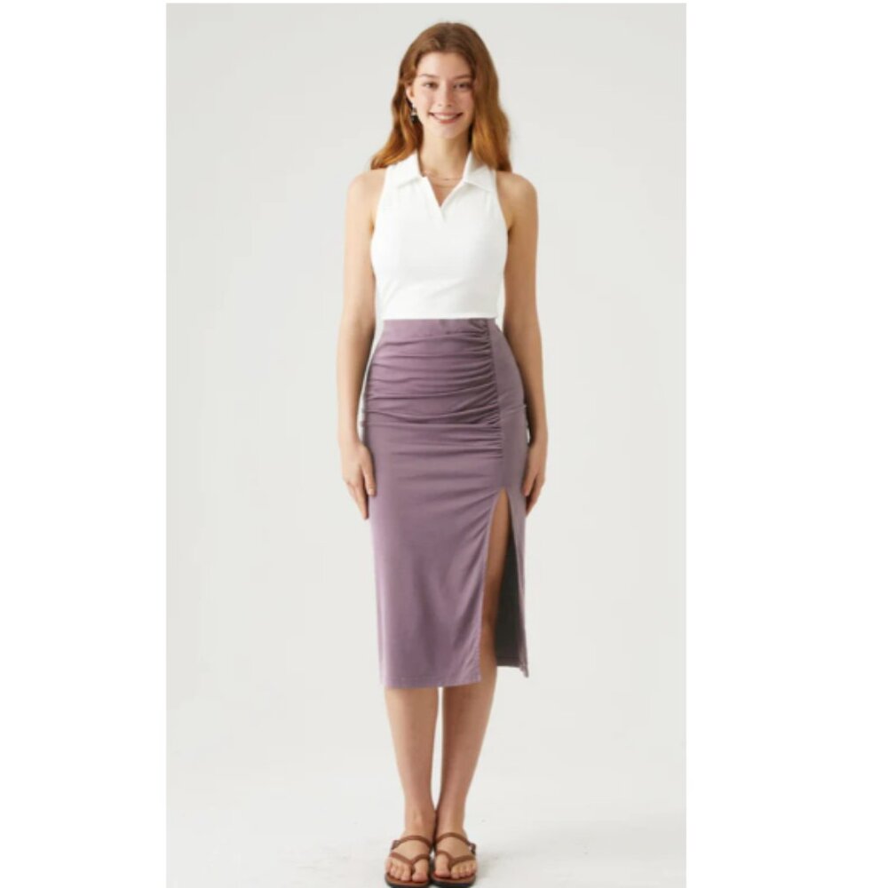 Ruching Slit Midi Skirt - Medium Taro Purple - Picture 2 of 6